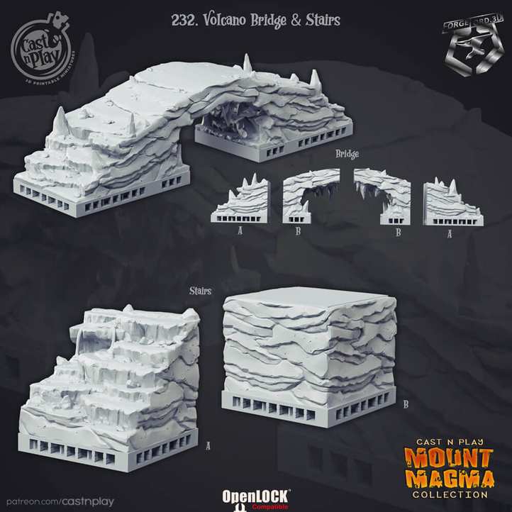 Volcano-Bridge & Stairs-CastNPlay-Mount-Magma-Collection-decor-fantasy-tabletop-RPG-3D-miniatures