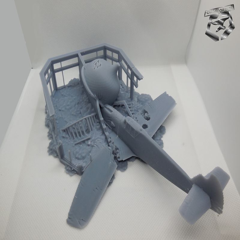 Kiosk Destroyed with Plane-Eskice-Miniature-WWII-decor-historical-house destroyed-3d-miniatures-tabletop-rpg