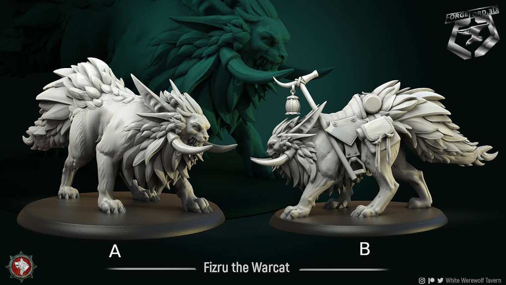 Fizru-the-Warcat -32mm-fantasy-tabletop-RPG-3D-miniatures-white-werewolf-tavern