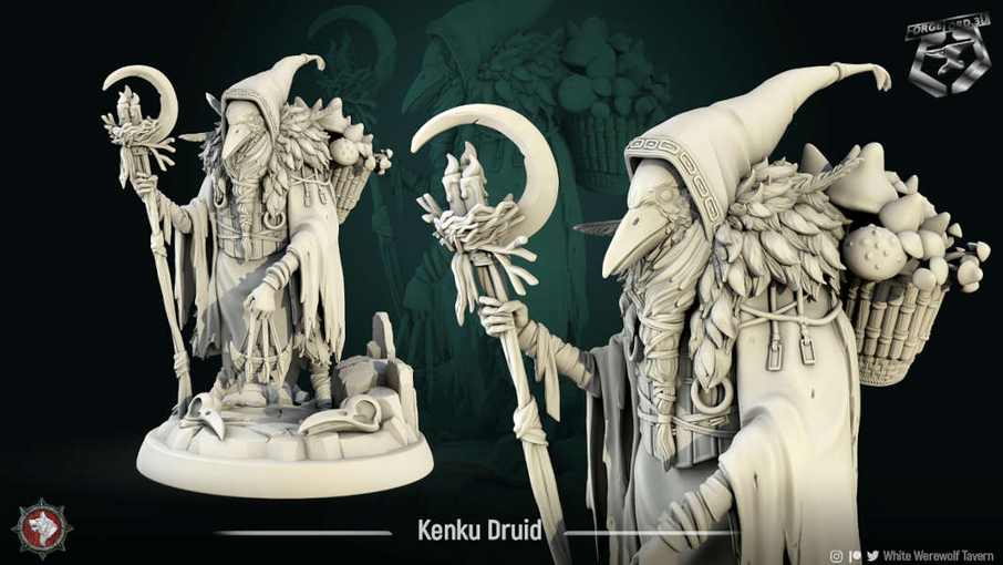 Kenku-druid-75mm-statue-fantasy-tabletop-RPG-3D-miniatures-white-werewolf-tavern