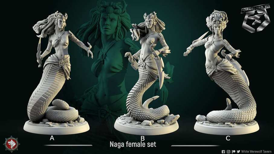 Naga-female-75mm-statue-fantasy-tabletop-RPG-3D-miniatures-white-werewolf-tavern