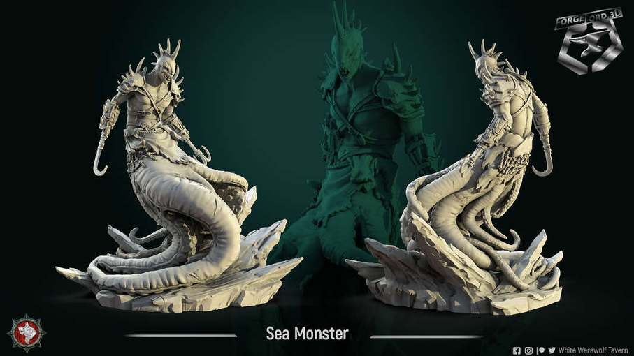 Sea-Monster-75mm-statue-fantasy-tabletop-RPG-3D-miniatures-white-werewolf-tavern