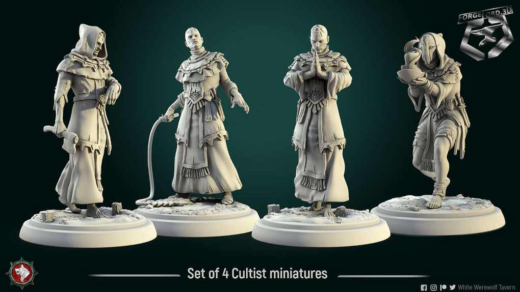 Set-of-4-Cultist-32mm-figurines-fantasy-tabletop-RPG-3D-miniatures-white-werewolf-tavern