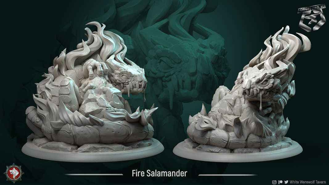Fire-Salamander-75mm-statue-fantasy-tabletop-RPG-3D-miniatures-white-werewolf-tavern