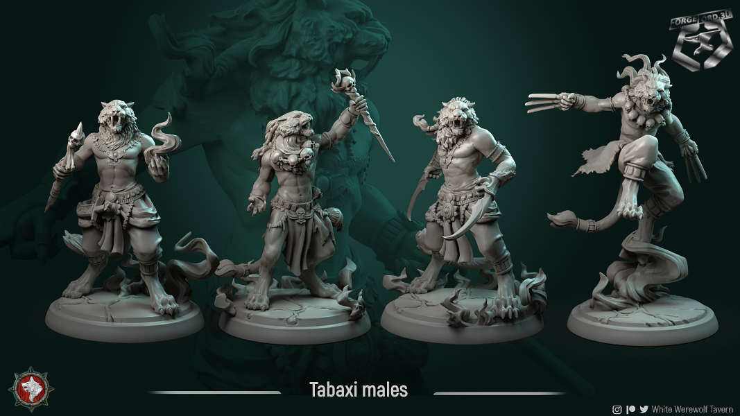 Tabaxi-males-32mm-figurines-fantasy-tabletop-RPG-3D-miniatures-white-werewolf-tavern
