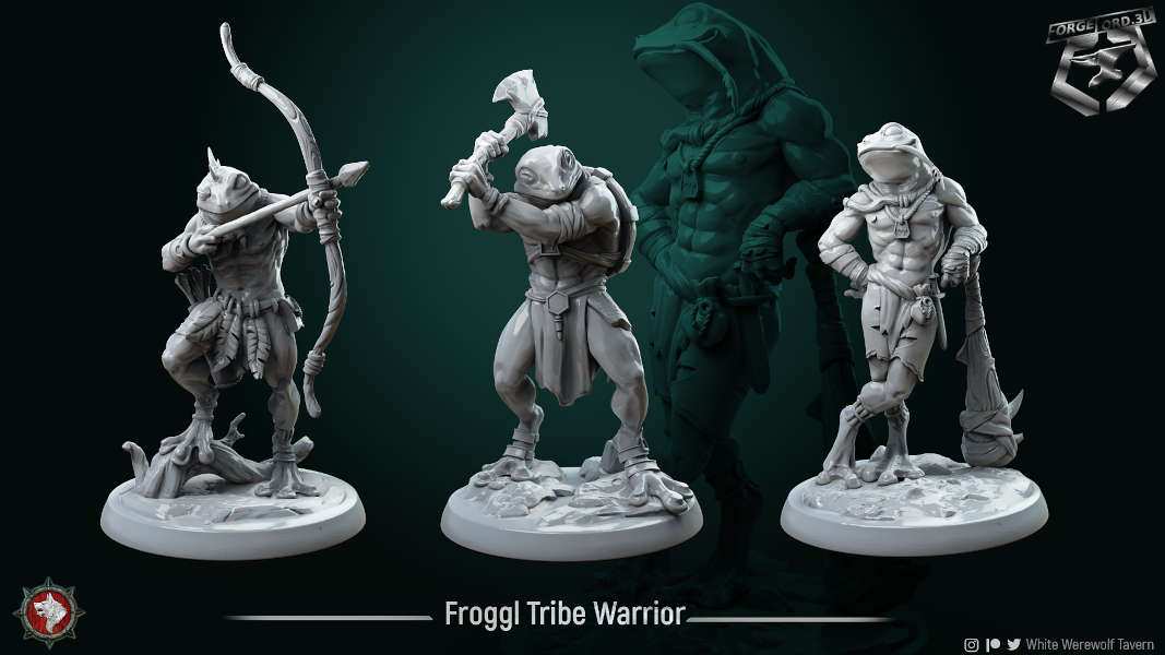 Froggl-Tribe-Warrior-32mm-figurines-fantasy-tabletop-RPG-3D-miniatures-white-werewolf-tavern