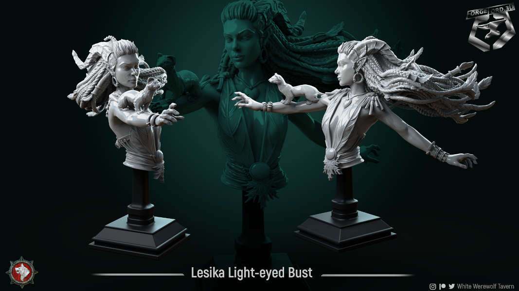 Lesika-Light-eyed-bust-75mm-figurines-fantasy-tabletop-RPG-3D-miniatures-white-werewolf-tavern