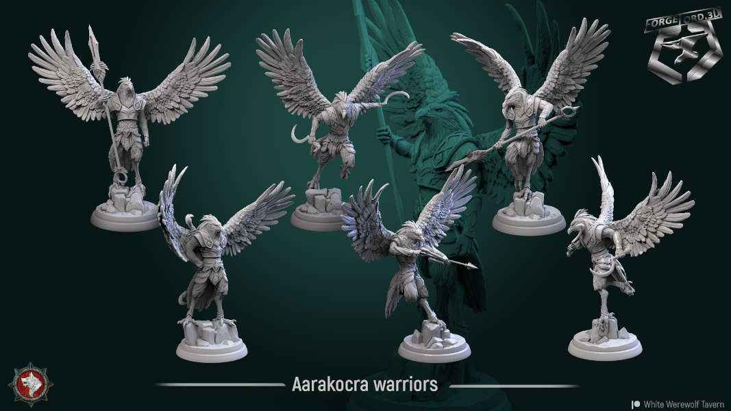 Aarakocra-warriors-set-32mm-figurines-fantasy-tabletop-RPG-3D-miniatures-white-werewolf-tavern