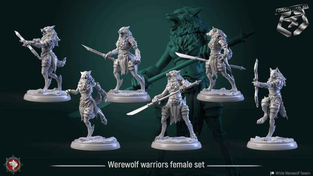 Werewolf-warriors-female-set-32mm-figurines-fantasy-tabletop-RPG-3D-miniatures-white-werewolf-tavern