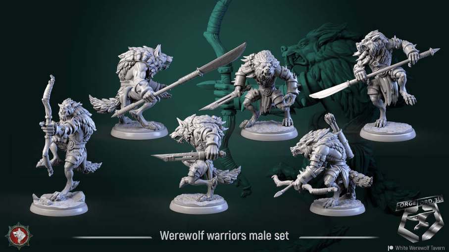 Werewolf-warriors-male-set-32mm-figurines-fantasy-tabletop-RPG-3D-miniatures-white-werewolf-tavern