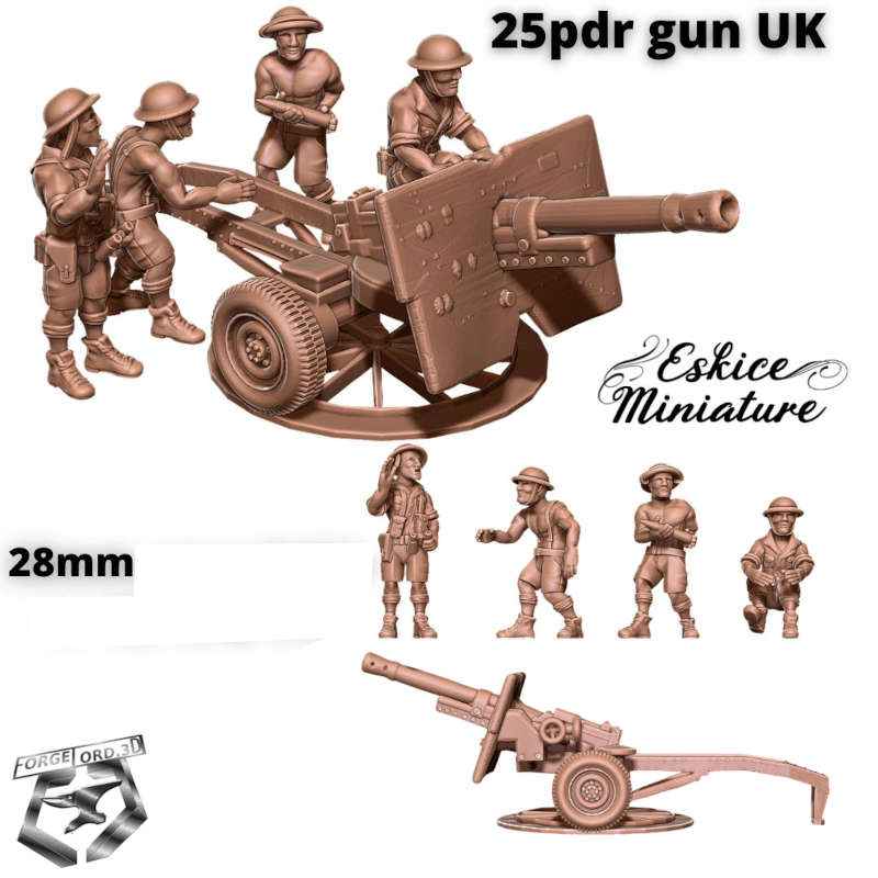 WWII-UK-25PDR-gun-28mm-Figurines-3D-miniatures-Eskice-Miniature-historical-1
