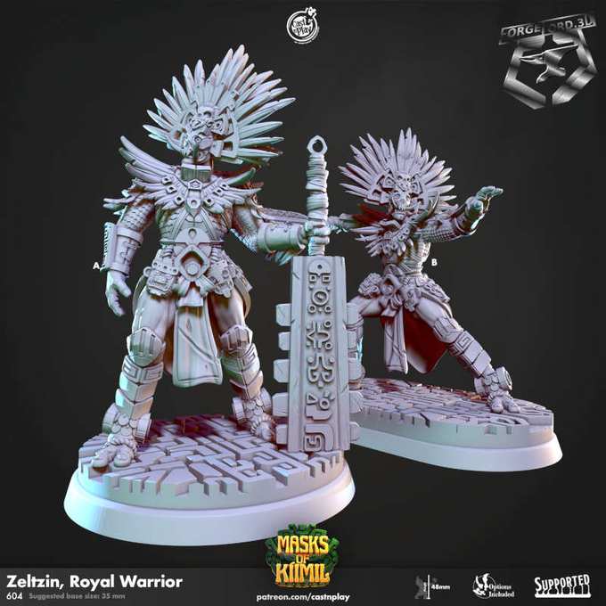 Zeltzin,-Royal-Warrior-CastNPlay-masks-of-kiimil-Collection--fantasy-tabletop-RPG-3D-miniatures