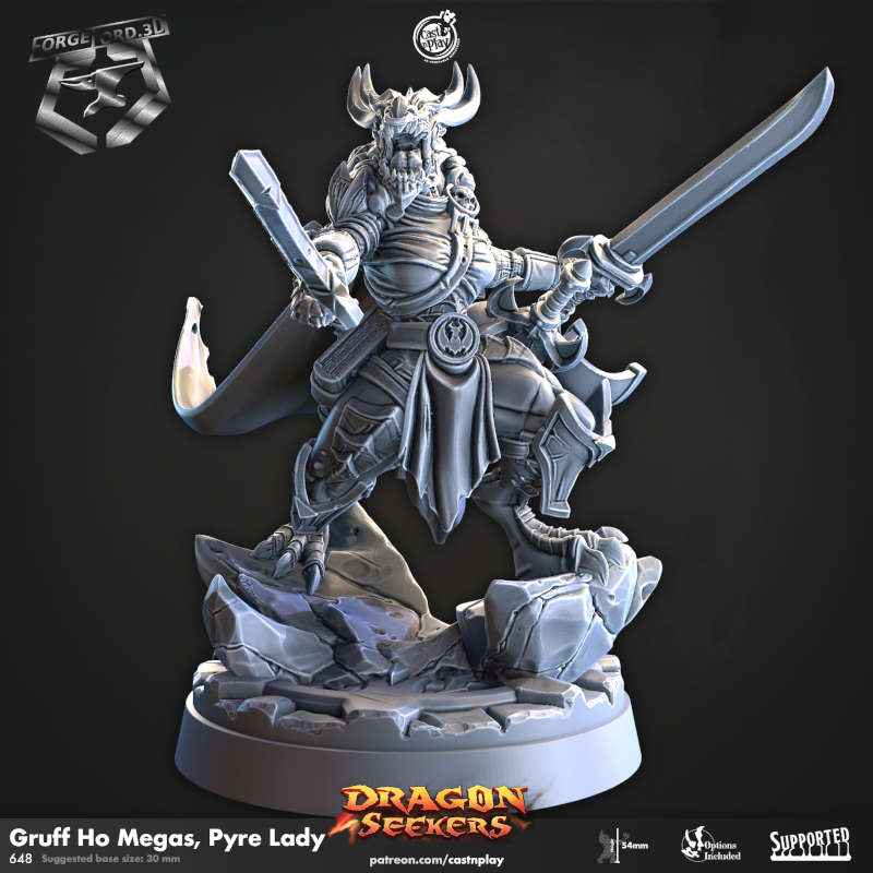 Gruff-Ho-Megas,-Pyre-Lady-CastNPlay-Dragon-seekers-Collection--fantasy-tabletop-RPG-3D-miniatures