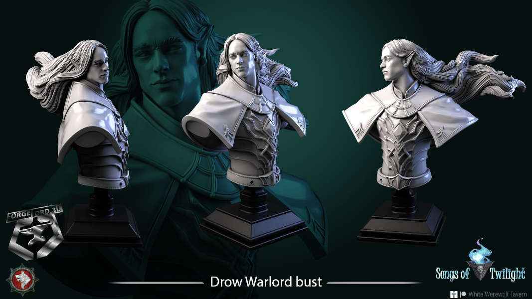 Drow-Warlord-bust-75mm-figurines-fantasy-tabletop-RPG-3D-miniatures-white-werewolf-tavern