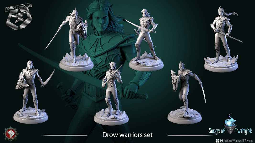Drow-warriors-set-32mm-figurines-fantasy-tabletop-RPG-3D-miniatures-white-werewolf-tavern