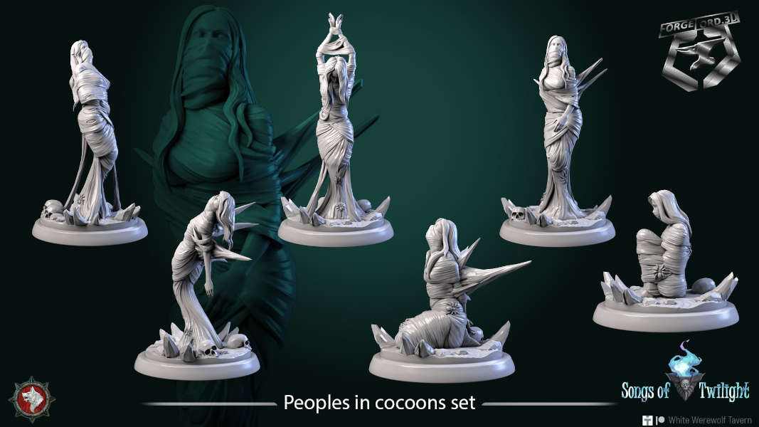 Peoples-in-cocoons-set-32mm-figurines-fantasy-tabletop-RPG-3D-miniatures-white-werewolf-tavern