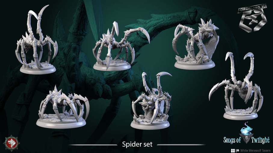 Spider-set-32mm-figurines-fantasy-tabletop-RPG-3D-miniatures-white-werewolf-tavern