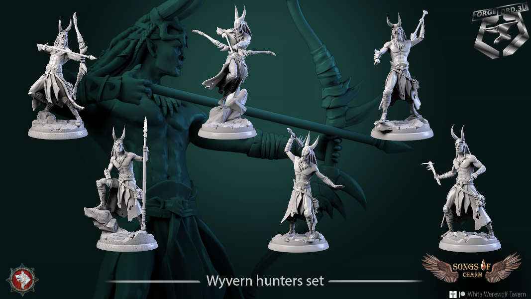 Wyvern-hunters-set-32mm-figurines-fantasy-tabletop-RPG-3D-miniatures-white-werewolf-tavern