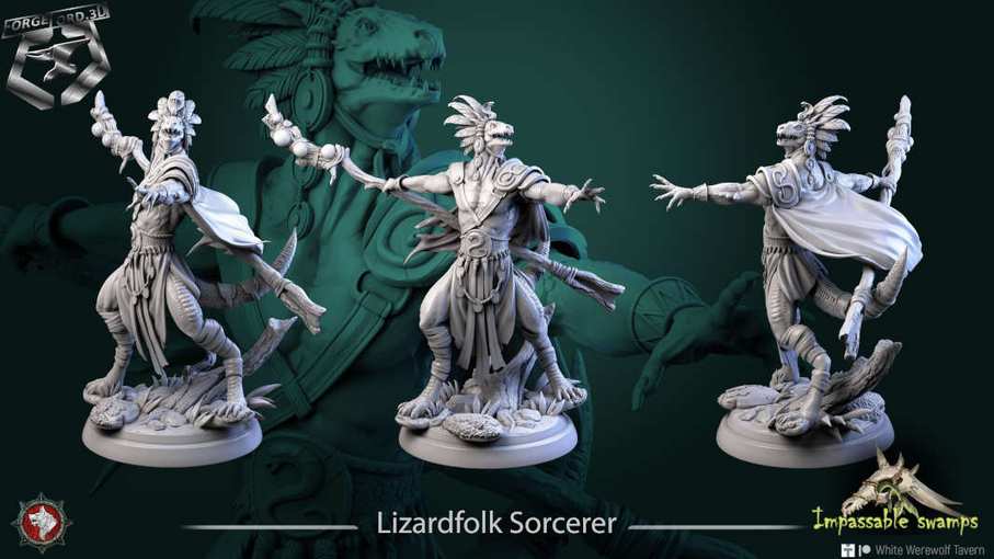 Lizardfolk-Sorcerer-statue-75mm-figurines-fantasy-tabletop-RPG-3D-miniatures-white-werewolf-tavern