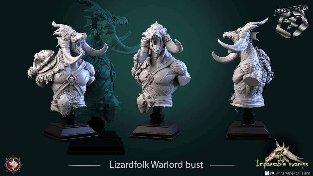 Lizardfolk-Warlord-bust-75mm-figurines-fantasy-tabletop-RPG-3D-miniatures-white-werewolf-tavern