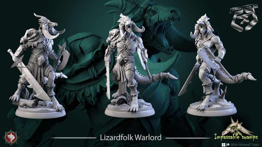 Lizardfolk-Warlord-statue-75mm-figurines-fantasy-tabletop-RPG-3D-miniatures-white-werewolf-tavern