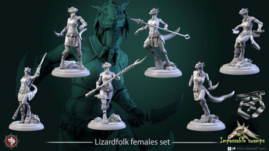 Lizardfolk-females-set-32mm-figurines-fantasy-tabletop-RPG-3D-miniatures-white-werewolf-tavern