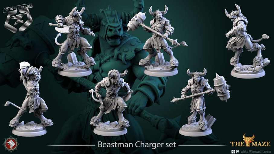 Beastman Charger-set-32mm-figurines-fantasy-tabletop-RPG-3D-miniatures-white-werewolf-tavern