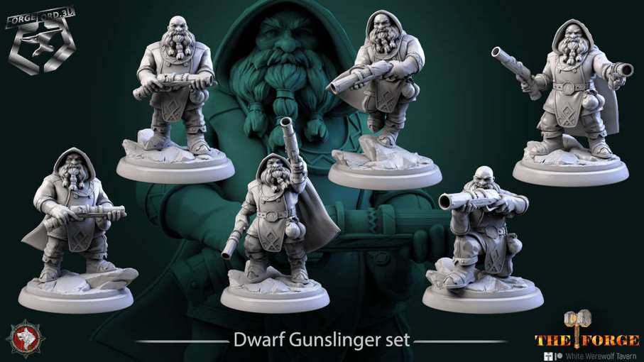 Dwarf Gunslinger-set-32mm-figurines-fantasy-tabletop-RPG-3D-miniatures-white-werewolf-tavern