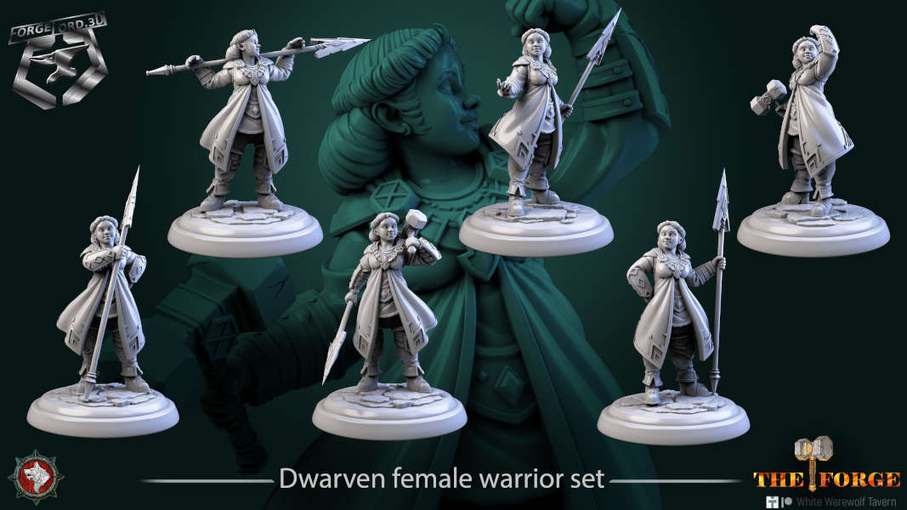 Dwarven-female-warrior-set-32mm-figurines-fantasy-tabletop-RPG-3D-miniatures-white-werewolf-tavern