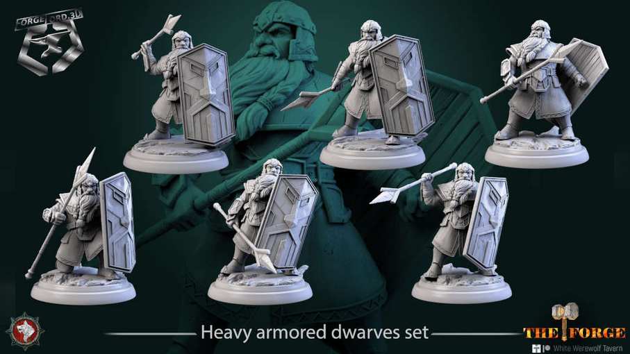 Heavy armored dwarves-set-32mm-figurines-fantasy-tabletop-RPG-3D-miniatures-white-werewolf-tavern