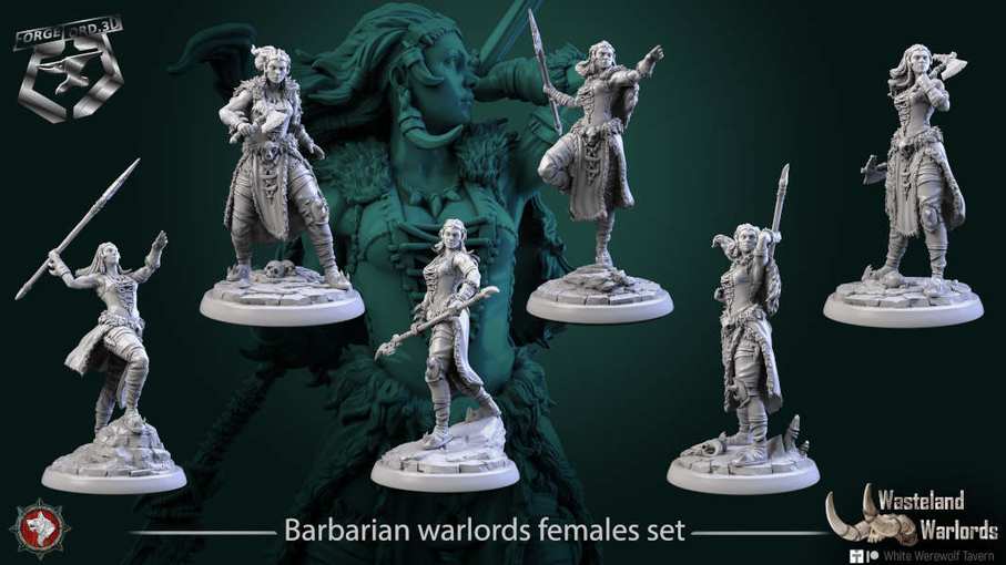 Barbarian-warlords-females-set-32mm-figurines-fantasy-tabletop-RPG-3D-miniatures-white-werewolf-tavern