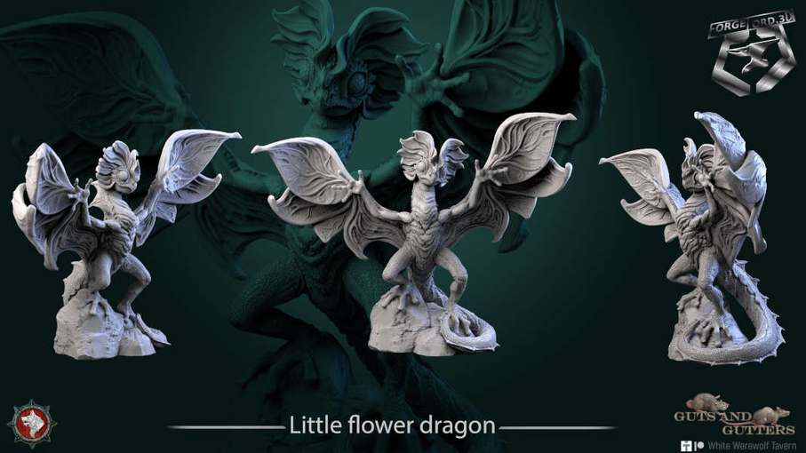 Little flower dragon-32mm-figurines-fantasy-tabletop-RPG-3D-miniatures-white-werewolf-tavern
