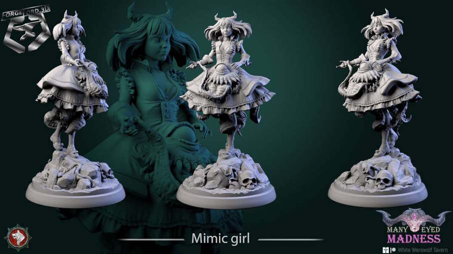Mimic girl-statue-75mm-figurines-fantasy-tabletop-RPG-3D-miniatures-white-werewolf-tavern