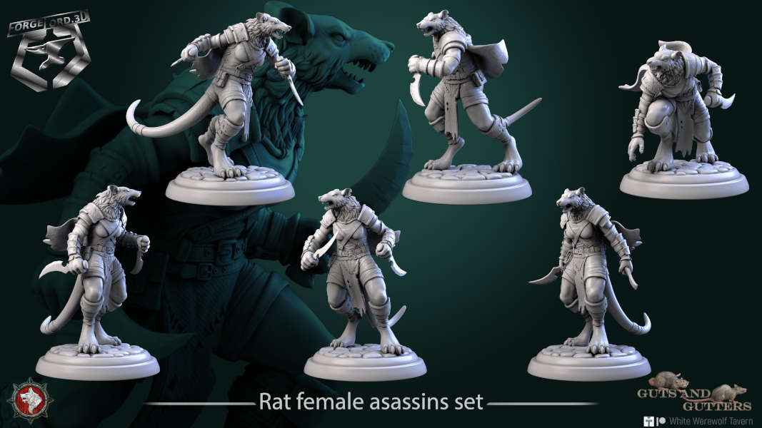 Rat female asassins-set-32mm-figurines-fantasy-tabletop-RPG-3D-miniatures-white-werewolf-tavern