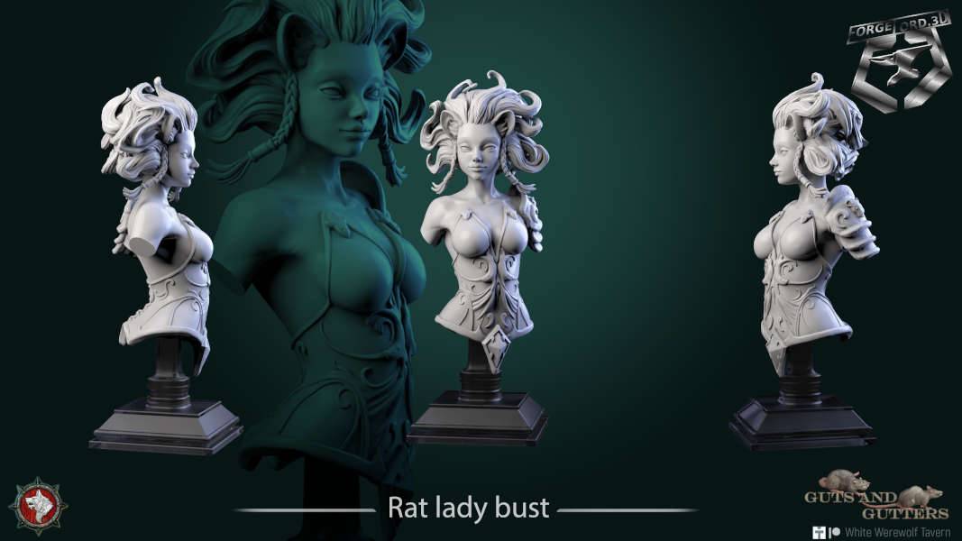 Rat lady-bust-75mm-figurines-fantasy-tabletop-RPG-3D-miniatures-white-werewolf-tavern