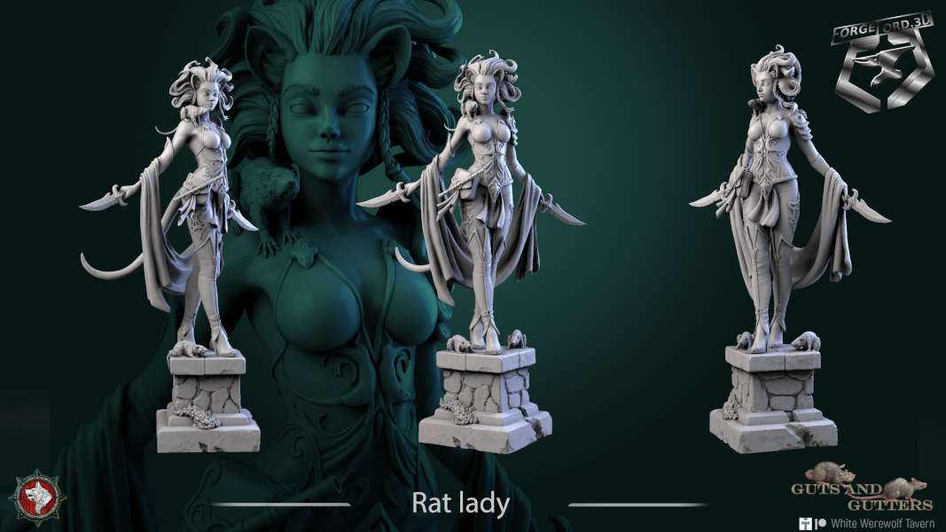 Rat lady-statue-75mm-figurines-fantasy-tabletop-RPG-3D-miniatures-white-werewolf-tavern