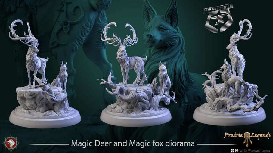 Magic Deer and Magic fox diorama-statue-75mm-figurines-fantasy-tabletop-RPG-3D-miniatures-white-werewolf-tavern