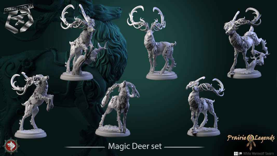 Magic Deer-set-32mm-figurines-fantasy-tabletop-RPG-3D-miniatures-white-werewolf-tavern