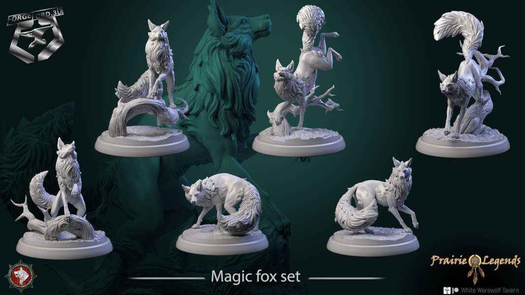 Magic fox-set-32mm-figurines-fantasy-tabletop-RPG-3D-miniatures-white-werewolf-tavern