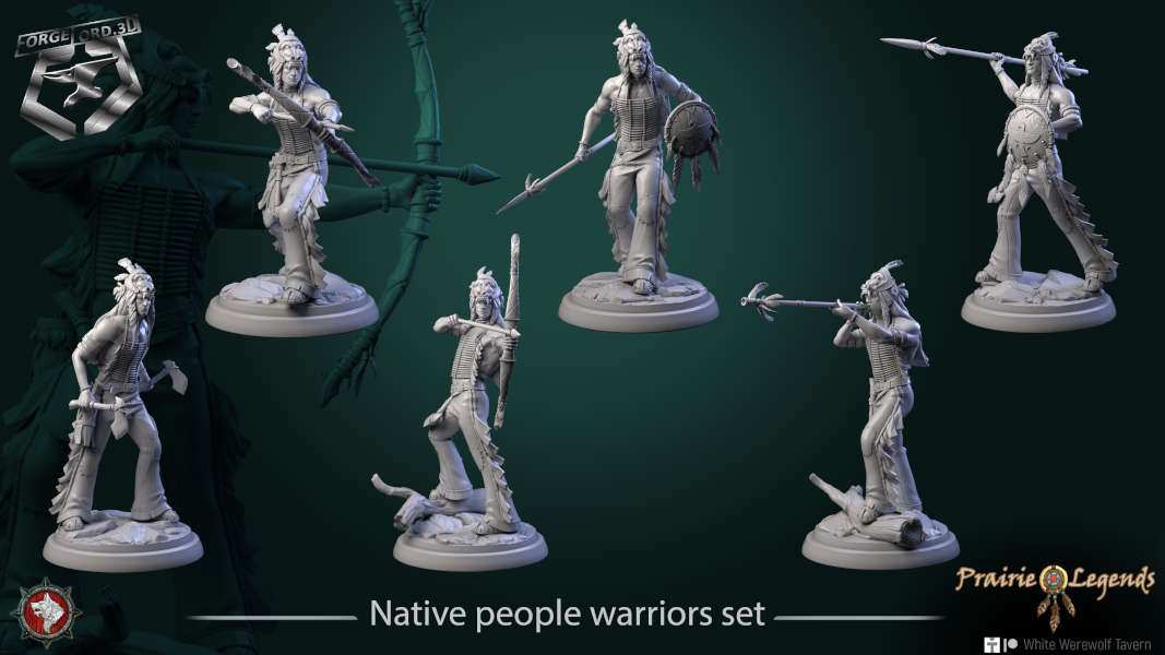 Native people warriors-set-32mm-figurines-fantasy-tabletop-RPG-3D-miniatures-white-werewolf-tavern