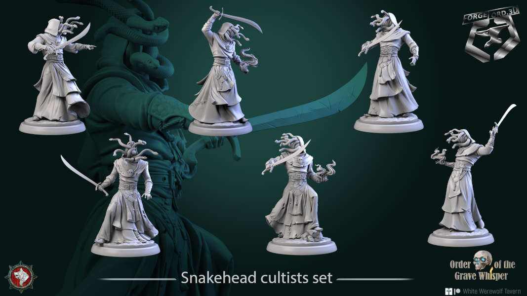 Snakehead cultists-set-32mm-figurines-fantasy-tabletop-RPG-3D-miniatures-white-werewolf-tavern