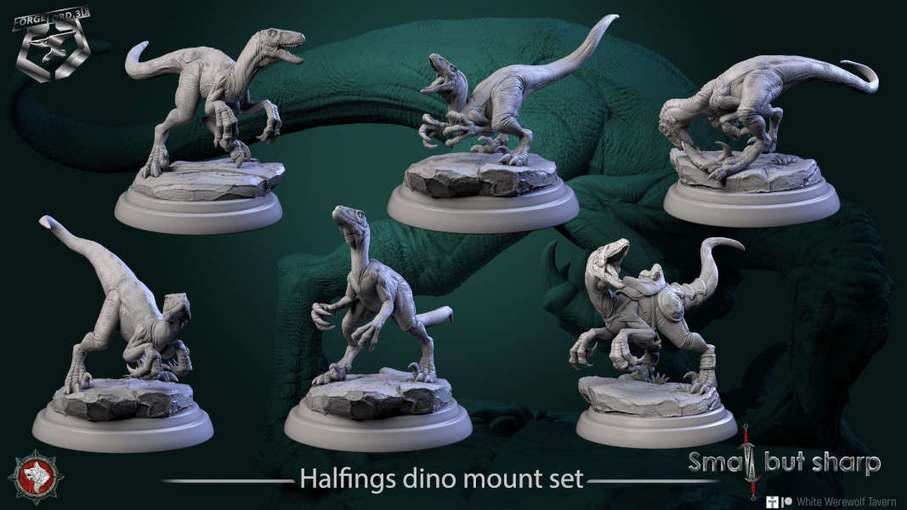 Halfings dino mount-set-32mm-figurines-fantasy-tabletop-RPG-3D-miniatures-white-werewolf-tavern