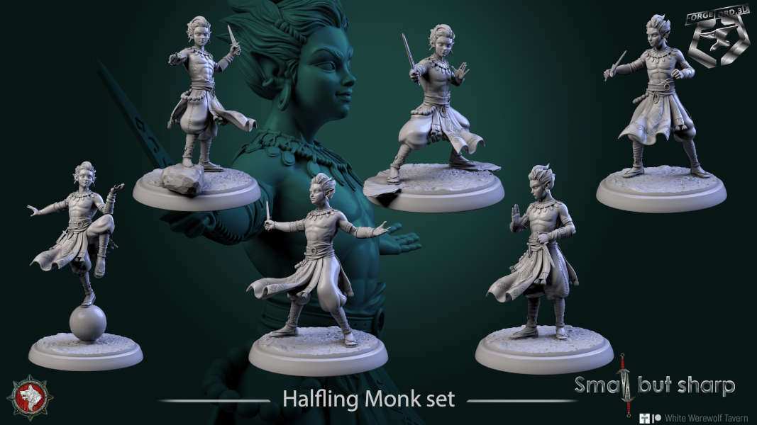 Halfling Monk-set-32mm-figurines-fantasy-tabletop-RPG-3D-miniatures-white-werewolf-tavern