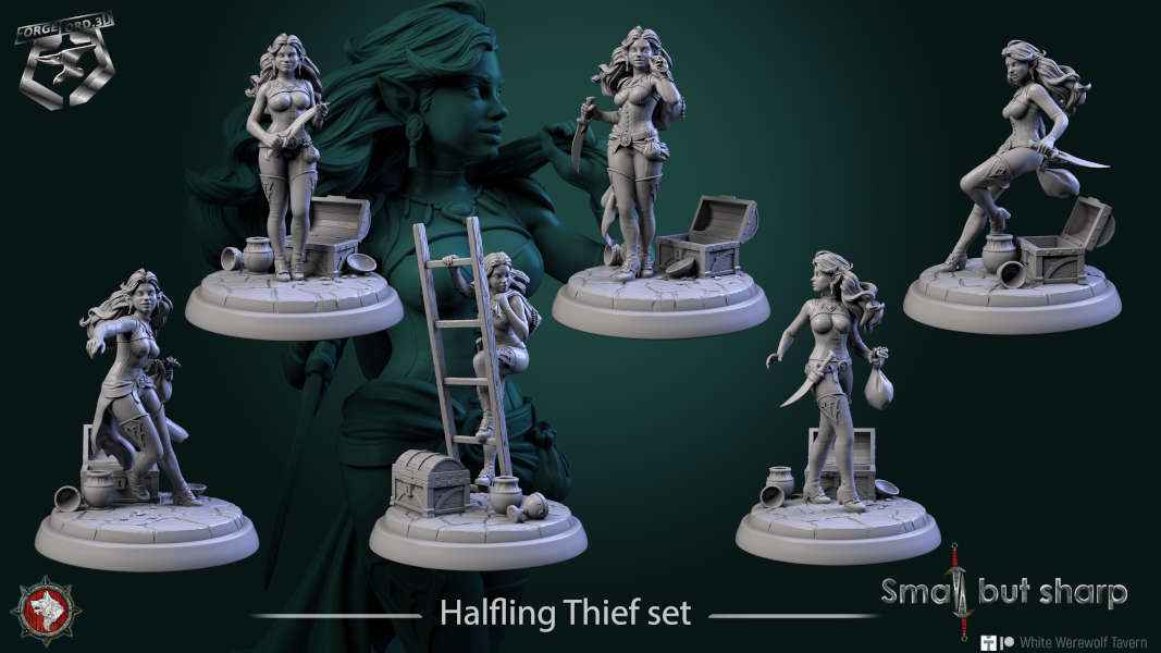 Halfling Thief-set-32mm-figurines-fantasy-tabletop-RPG-3D-miniatures-white-werewolf-tavern
