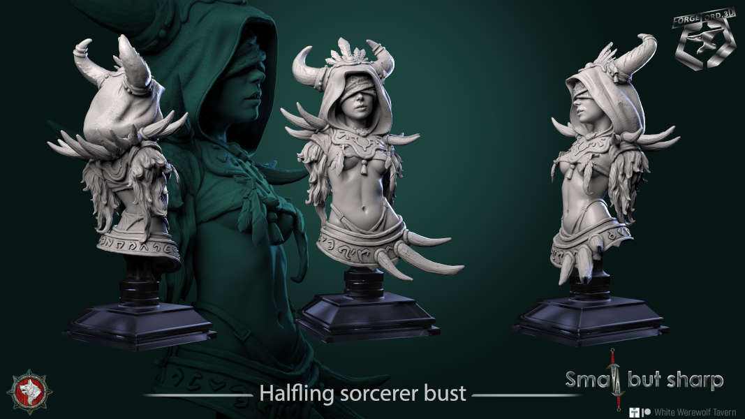 Halfling sorcerer-bust-75mm-figurines-fantasy-tabletop-RPG-3D-miniatures-white-werewolf-tavern