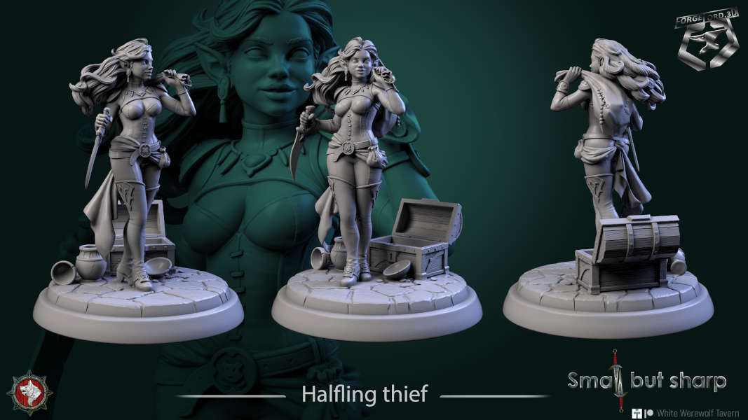 Halfling thief-statue-75mm-figurines-fantasy-tabletop-RPG-3D-miniatures-white-werewolf-tavern
