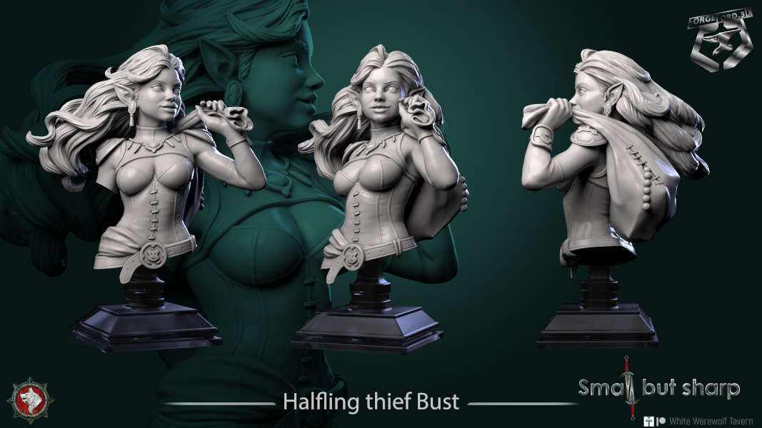 Halfling thief-bust-75mm-figurines-fantasy-tabletop-RPG-3D-miniatures-white-werewolf-tavern