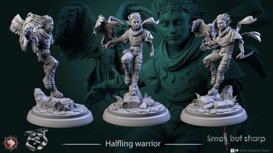 Halfling warrior-statue-75mm-figurines-fantasy-tabletop-RPG-3D-miniatures-white-werewolf-tavern