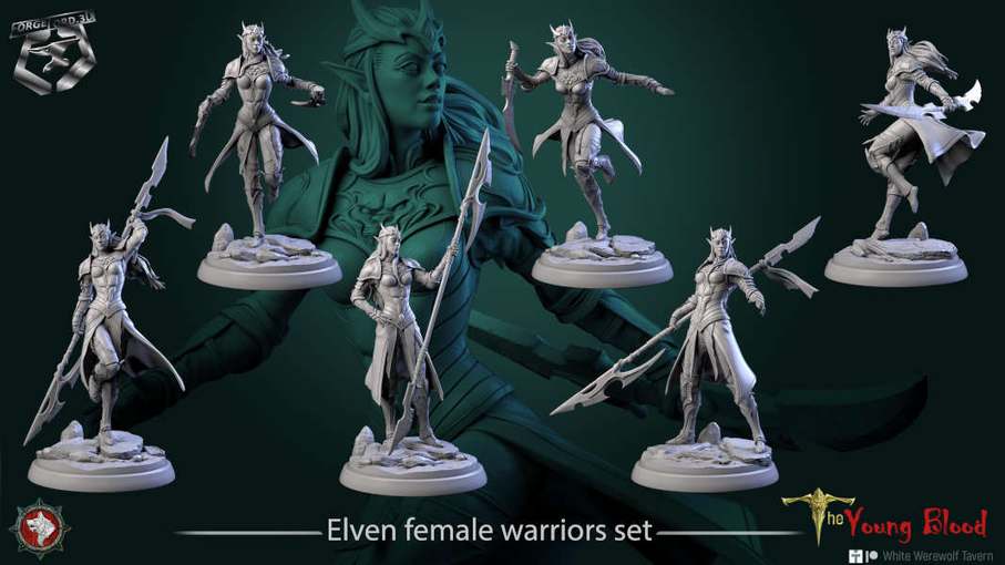 Elven female warriors-set-32mm-figurines-fantasy-tabletop-RPG-3D-miniatures-white-werewolf-tavern