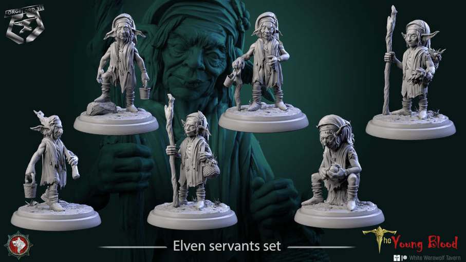 Elven servants-set-32mm-figurines-fantasy-tabletop-RPG-3D-miniatures-white-werewolf-tavern
